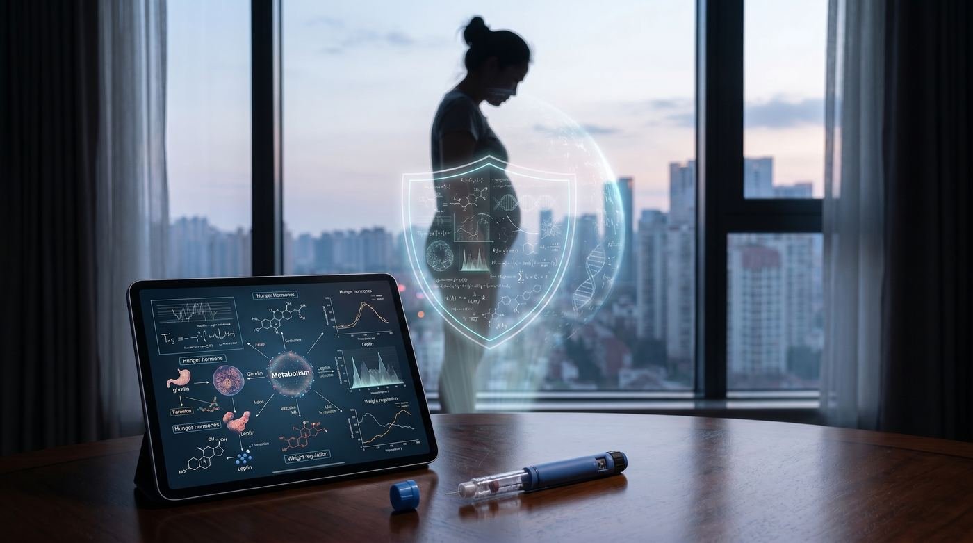 Mulher na balança protegida por escudo científico — blindagem metabólica pós-Mounjaro